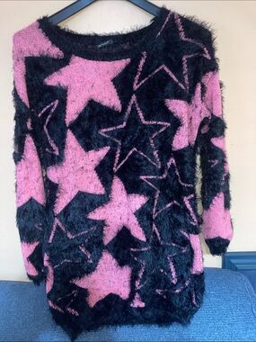 QED London Black and Pink Fuzzy Star Crewneck Sweater